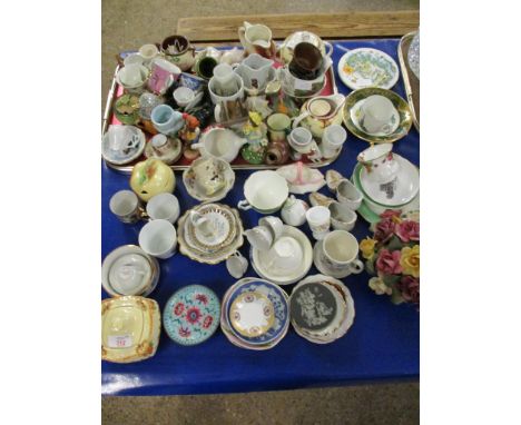 LARGE QUANTITY OF MIXED CHINA WARES, CUPS, SAUCERS, VASES, FLOWER ENCRUSTED ORNAMENTS ETC