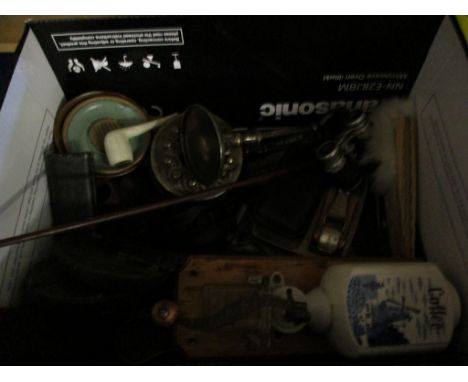BOX CONTAINING MIXED OPERA GLASSES, JELLY MOULDS, EBONY TRUNCHEON ETC