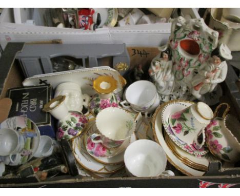 TRAY OF STAFFORDSHIRE FLAT BACK FIGURE, MIXED CHINA WARES, CUPS, SAUCERS ETC