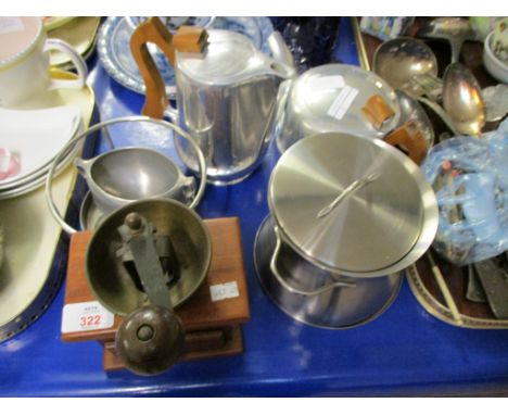 THREE PIECE ALUMINIUM PIQUET WARE TEA SET, A COFFEE GRINDER