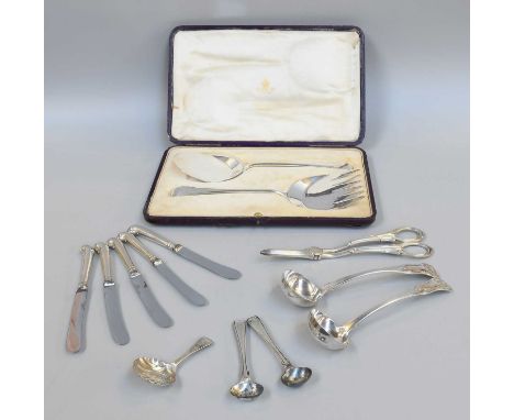 A Collection of George III and Later Silver Flatware, comprising a pair of Scottish King's pattern toddie-ladles, Glasgow; a 
