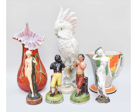 A Clarice Cliff Bowl, Royal Worcester Figure ''Spring'', a Royal Dux Cockatoo, two reproduction Staffordshire style boxers (o