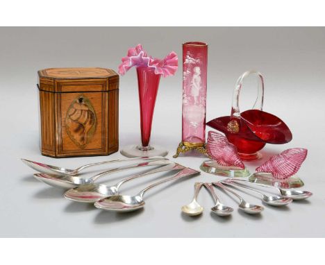 A George III Satinwood Tea Caddy, with marquetry pilasters and moth and shell patera, together with  A Quantity of Georgian a