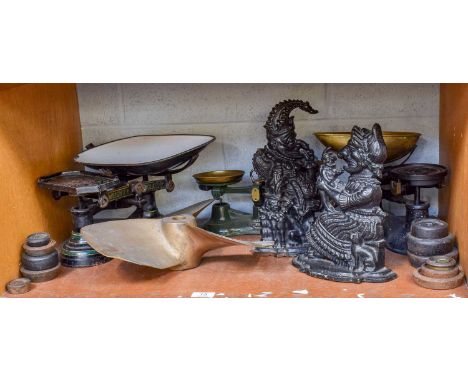 A Pair of Victorian Cast Iron Doorstops, Mr Punch and Judy, together with three sets of kitchen scales and weights and a bras