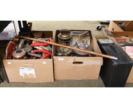 A Collection of Assorted Metalwares, Victorian and later, including brass watering can, copper kettle, hookah pipe; together 