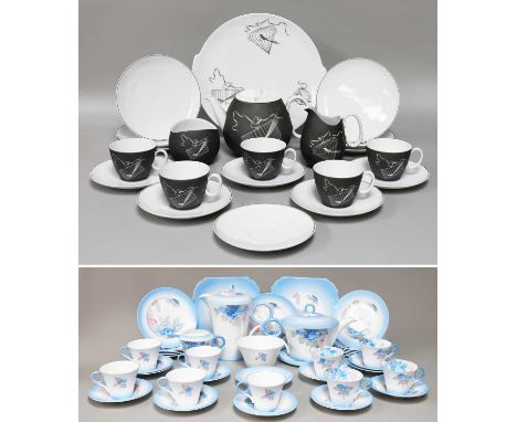 A Shelley Porcelain Part Tea Service, decorated in the 'Phlox' pattern, including tea pot on stand and hot water jug, togethe