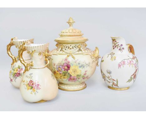 A Royal Worcester Porcelain Pot Pourri Jar and Cover, shape number 1428, blush ground and decorated with flowers, together wi