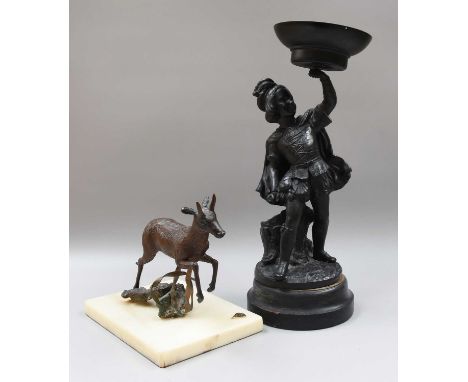 A Cold Painted Metal Sculpture of a Leaping Deer, raised on onyx plinth, together with a painted spelter figural oil lamp bas