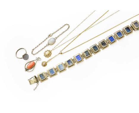 A Small Quantity of Jewellery, comprising an opal and split pearl necklace, stamped '9CT', drop 4.1cm, chain length 40cm; a 9