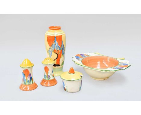 Clarice Cliff (1899-1972): A Fantasque Bizarre Windbells Vase, Newport pottery marks, 14cm high, together with a Crocus patte