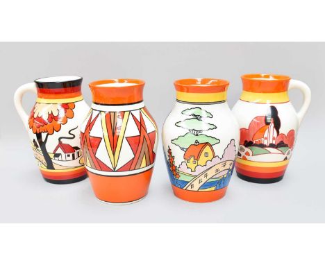 Two Wedgwood Lotus Jugs after Clarice Cliff, 20cm high, together with a pair of vases (4)Good condition.