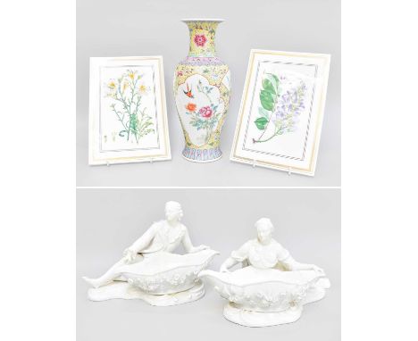 A Pair of Minton White Porcelain Figural Sweetmeat Baskets, late 19th century, after Meissen, together with a modern Chinese 
