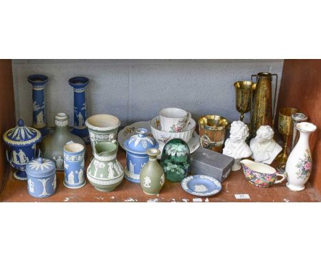 A Selection of Wedgewood Jasper, including a pair of table candlesticks and a tri-colour cache pot, together with a Victorian
