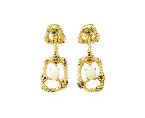 A Pair of Opal and Enamel Drop Earrings, of abstract textured design, set centrally with oval opal cabochons in four claw set