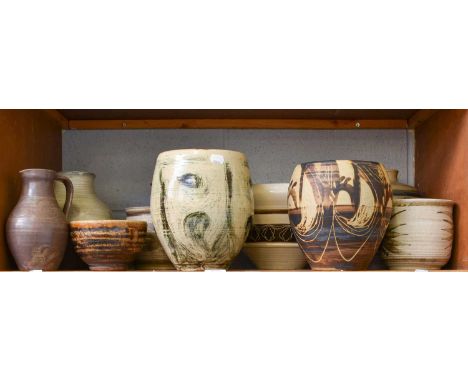 A Collection of Studio Pottery, thrown forms with painted and incised decoration, some impressed marks (one shelf)Cream and b