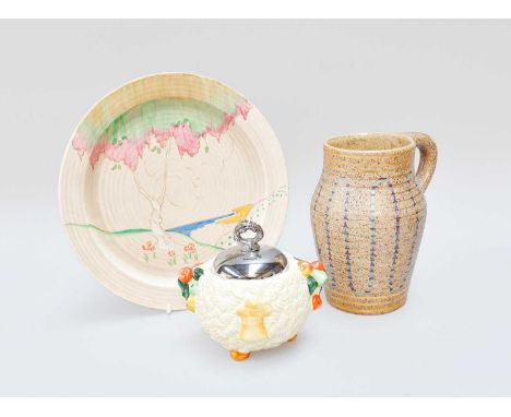 Clarice Cliff (1899-1972): A Taormina Plate, Wilkinson pottery marks, 21.5cm diameter, together with a small Goldstone Lotus 
