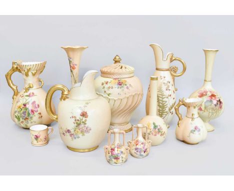 A Collection of Royal Worcester Porcelain, blush ground and with floral decoration, including pot pourri jar, a flat back jug