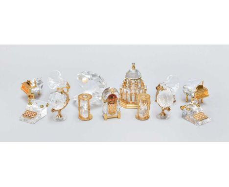 A Collection of Swarovski Crystal Miniatures, typewriter, juke box, hourglass, rowing boat, perfume atomizer, globe etc (one 