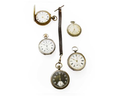 A Silver Pocket Watch, Silver Single Push Chronograph, Nickel Plated Pocket Watch, Military Pocket Watch and a Hunter Plated 