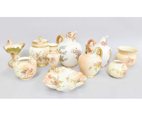 A Collection of Royal Worcester Porcelain, blush ground and with floral decoration, including pot pourri jar and three flat b