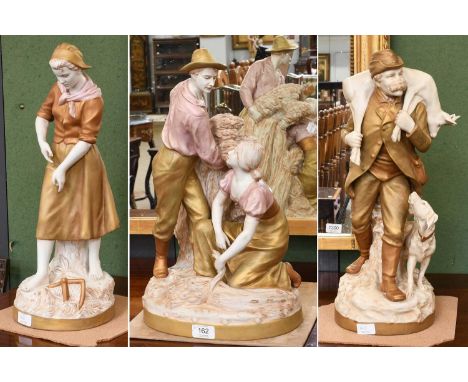 Three Large Royal Dux Figures, two depicting agricultural workers, one as a Huntsman carrying a buck, and a hound at his side