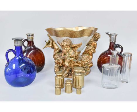 Three Victorian Coloured Glass Decanters, together with glass dressing table jars, stoneware including advertising, carved wo
