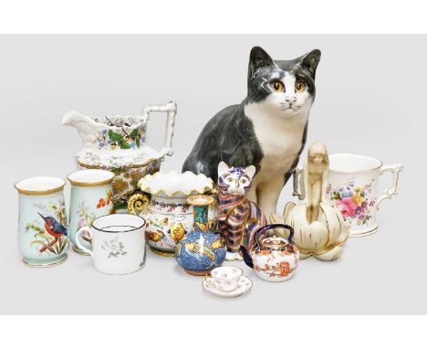 Assorted Ceramics, including, a Mike Hinton pottery cat, pair of Victorian Royal Worcester bud vases, Royal Dux figure, Royal
