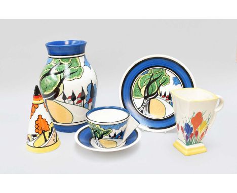 A Wedgwood Vase after Clarice Cliff, May Avenue pattern, 20cm high, together with a trio in the same pattern, a sugar sifter 