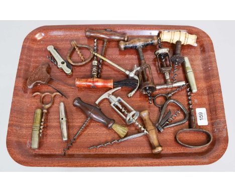 A Collection of Georgian and Later Steel Corkscrews, one with turned bone handle, another wooden example with brush, champagn