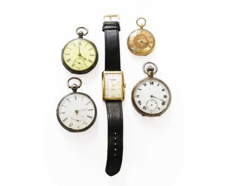 A Lady's 18 Carat Gold Fob Watch, case stamped 18k two silver pocket watches, a military chrome pocket watch and a rotary qua