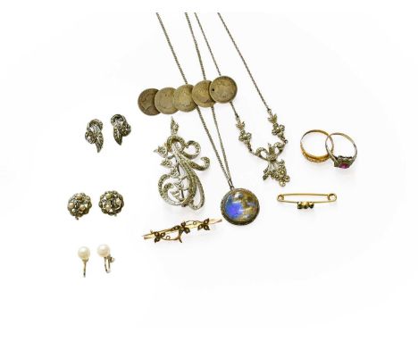 A Quantity of Jewellery, including an 18 carat gold opal and diamond ring, finger size N; a 9 carat gold split pearl brooch, 