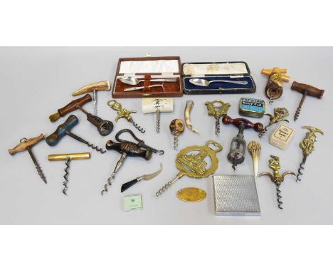  A Collection of Various Corkscrews, 19th century and later, a cased silver Christening spoon, a brass coal skuttle, tray, pa