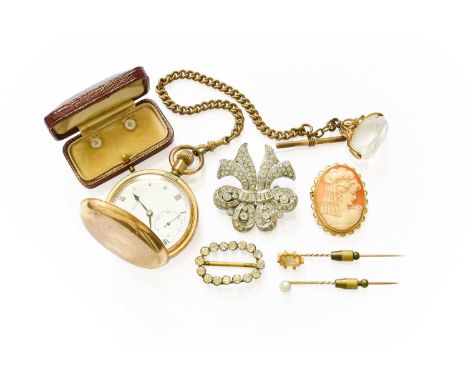 A Small Quantity of Jewellery, including a cameo brooch, measures 4cm by 3.1cm; two mother-of-pearl dress studs, stamped '9CT
