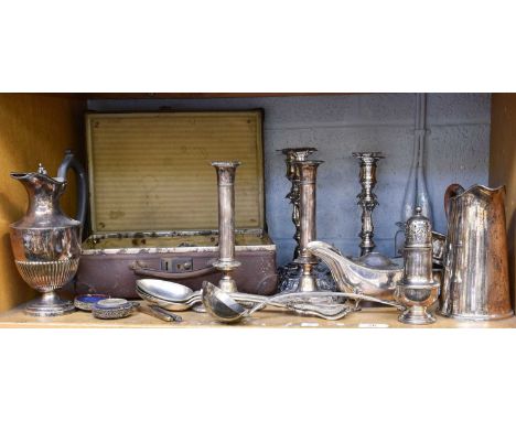 A Collection of Assorted Silver Plate, including a set of four George II style candlesticks, on square base and with shell co