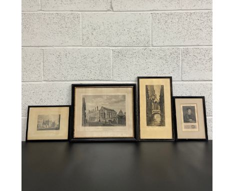 Three 19th century engravings to include one of Magdalen Hall, a portrait of Johannes Colet, one of Lincoln College Oxford, a