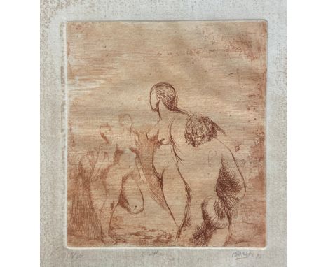 A limited edition sepia etching on paper, abstract nude figure group, signed to the lower right in a glazed gilt frame. H.27.