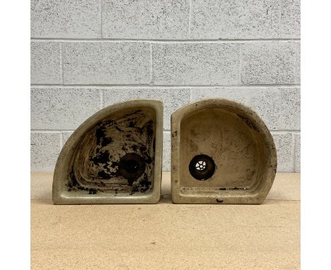 Two C.1900 leadless glazed ceramic stoneware corner sinks with impressed marks. H. W.cm 