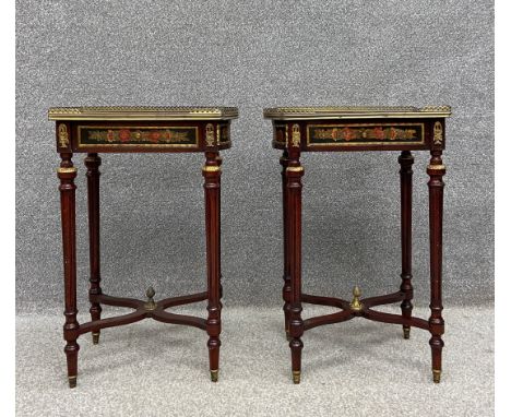 A pair of French Empire style mahogany side or lamp tables each having a floral marquetry top in colours with a pierced brass