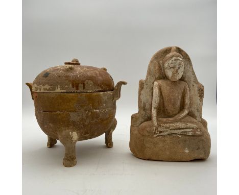 An Eastern dolomite stele/stone carving of a seated Buddha along with a Chinese Han Dynasty style twin handled glazed terraco