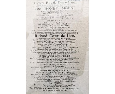 An original playbill for 'The Honeymoon' 1805 performance at the Theatre Royal, Drury Lane. Framed and glazed with a note to 