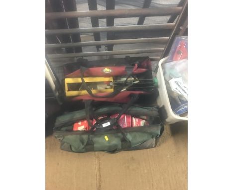 Two tool bags; and a box of various tools and contents
