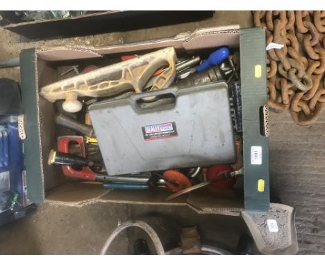 A box of various hand tools to include a Sealey air ratchet wrench kit 