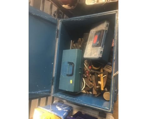 A blue painted box and contents of various tools and tool boxes