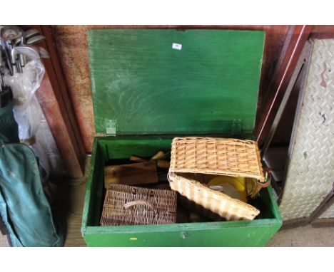 A green painted trunk and contents of various wickers baskets and sundry china 