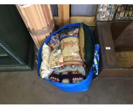 A bag of various tapestry; patch work and vintage cushions 
