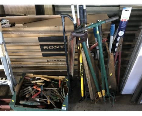 A box of various hand tools; and a quantity of various garden tools