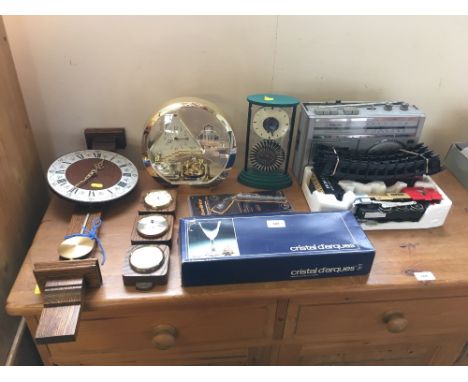 An oak wall clock; glassware; mantel clock etc.