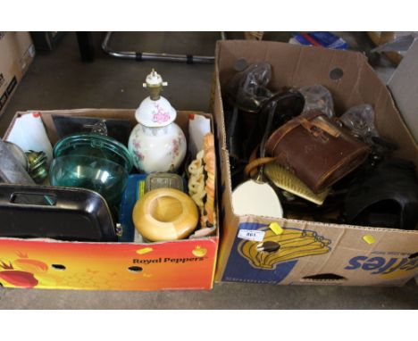 Two boxes containing various door furniture; stainless steel tea ware; turned candle sticks; pair of binoculars; oil lamp etc