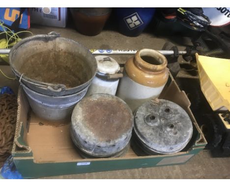 A box containing two galvanised pales; enamel pot; stoneware jar etc. 