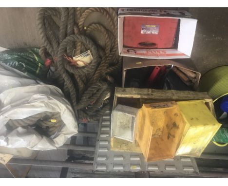 A box containing various jacks, a battery charger and various tools